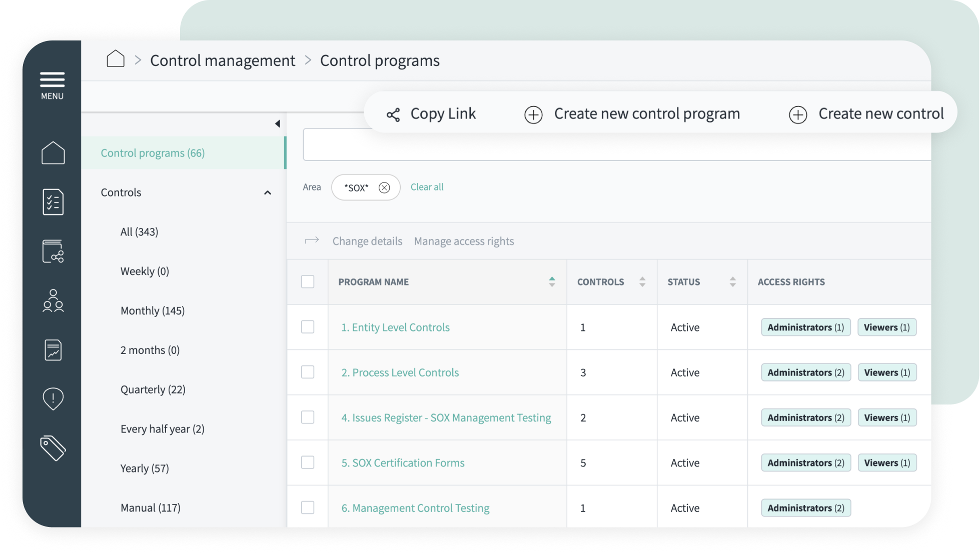 Control management screen in Impero showing examples of SOX controls